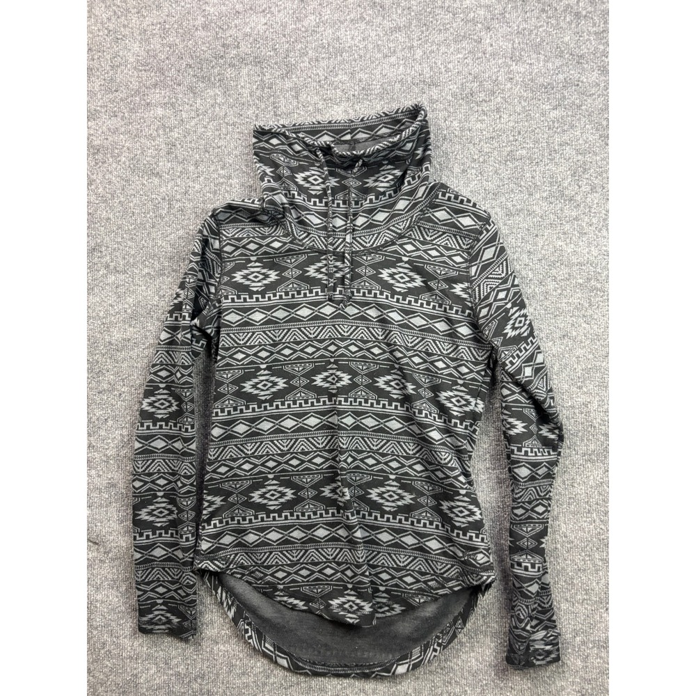 KAVU Funnel Neck Top Womens S Gray Geometric Tribal Print Long Sleeve Pullover